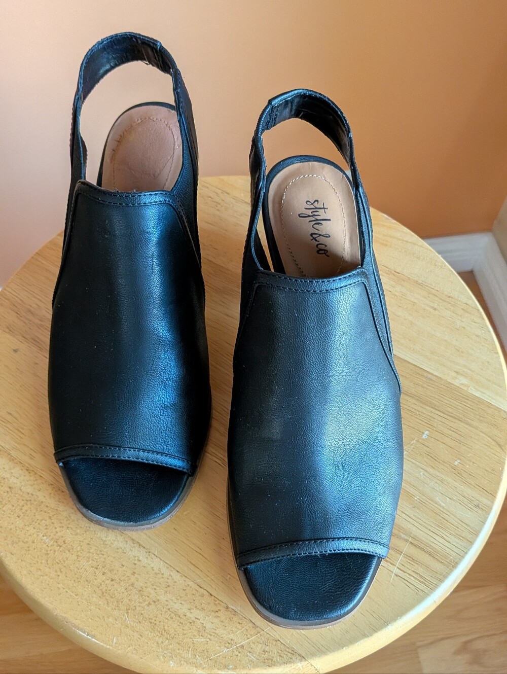 Style & Co. Black Peep-Toe Slingback Wedge Mules 8M